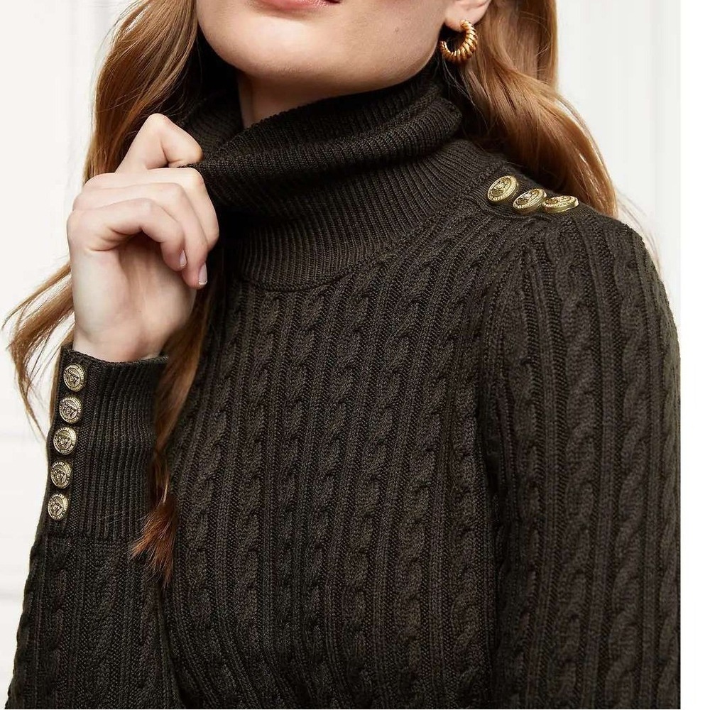 Holland Cooper Seattle Roll Neck Cable Knit Sweater Fern Green Women's Med.